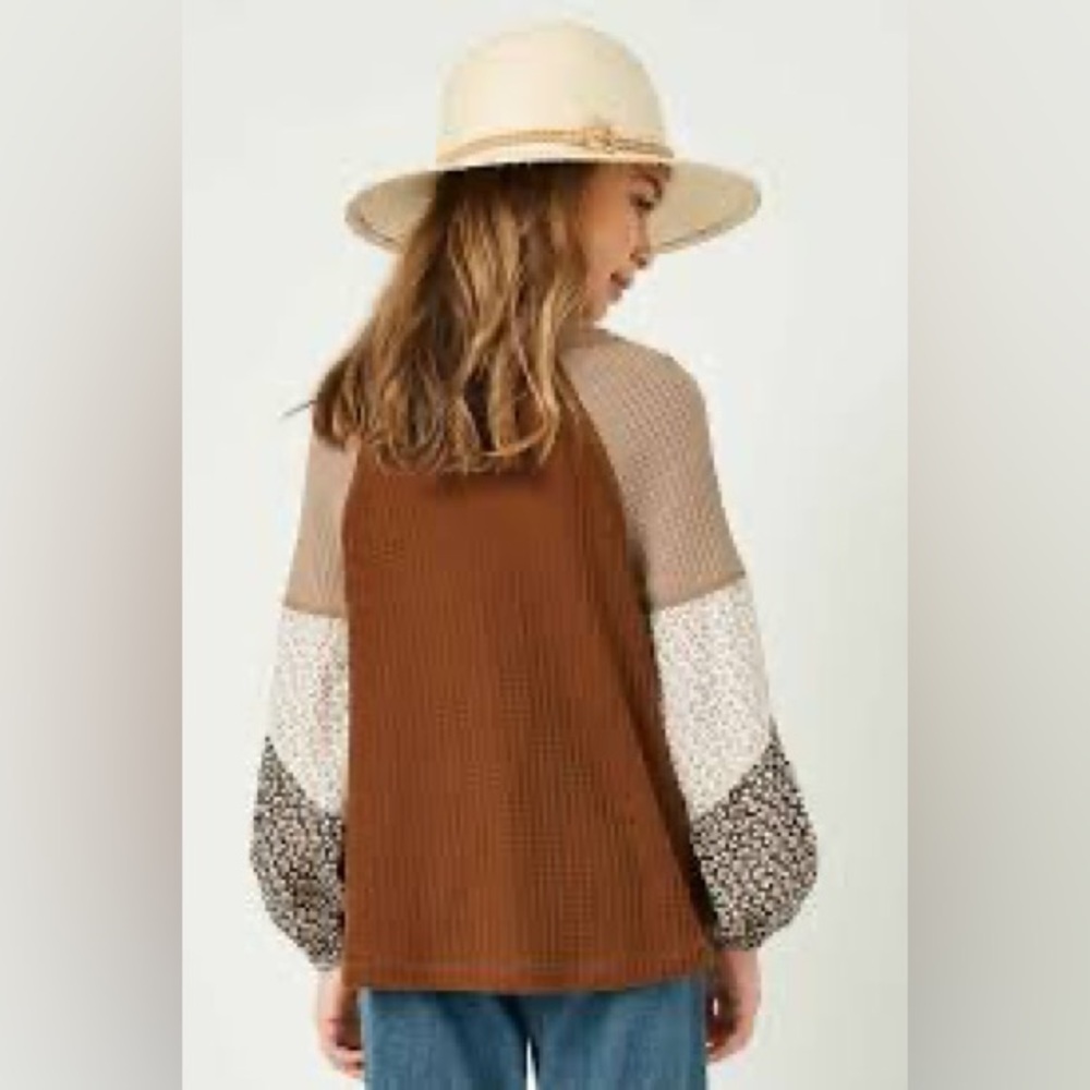 Hayden Girls | Mixed Media Waffle Knit Boho Balloon Sleeve Top | Brown | L